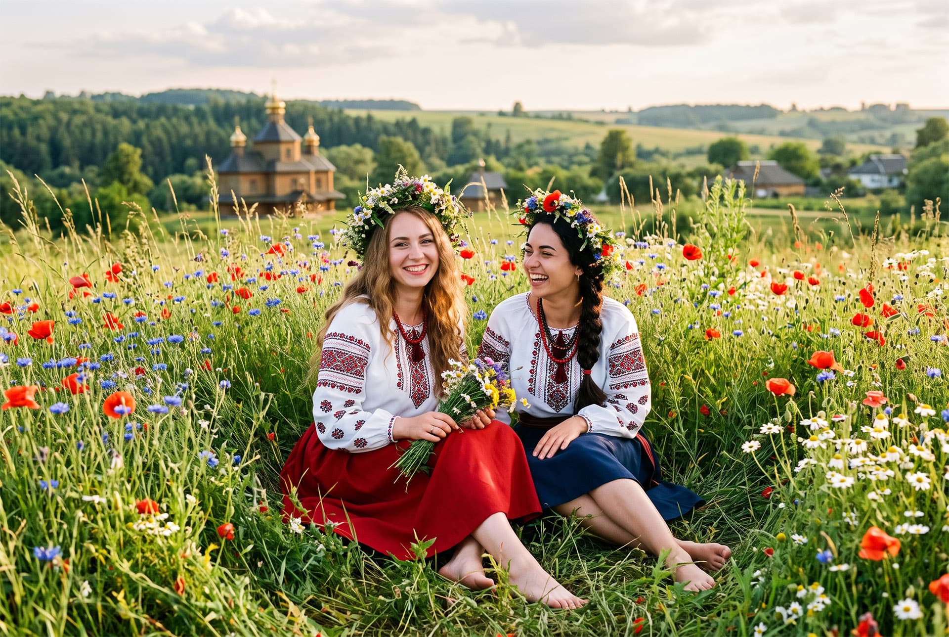 Dwie piękne samotne Ukrainki siedzące na łące